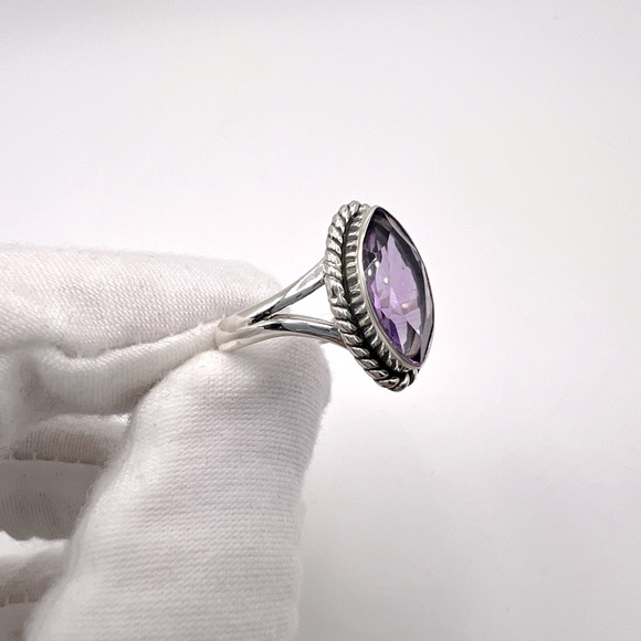 Genuine Faceted Marquise Amethyst .925 Sterling Silver Ring - Picture 4 of 17